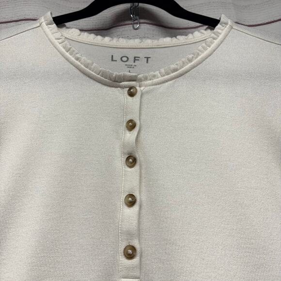 Loft White Knit 1/4 Button Long sleeve T shirt Sweater Size L - Picture 3 of 10
